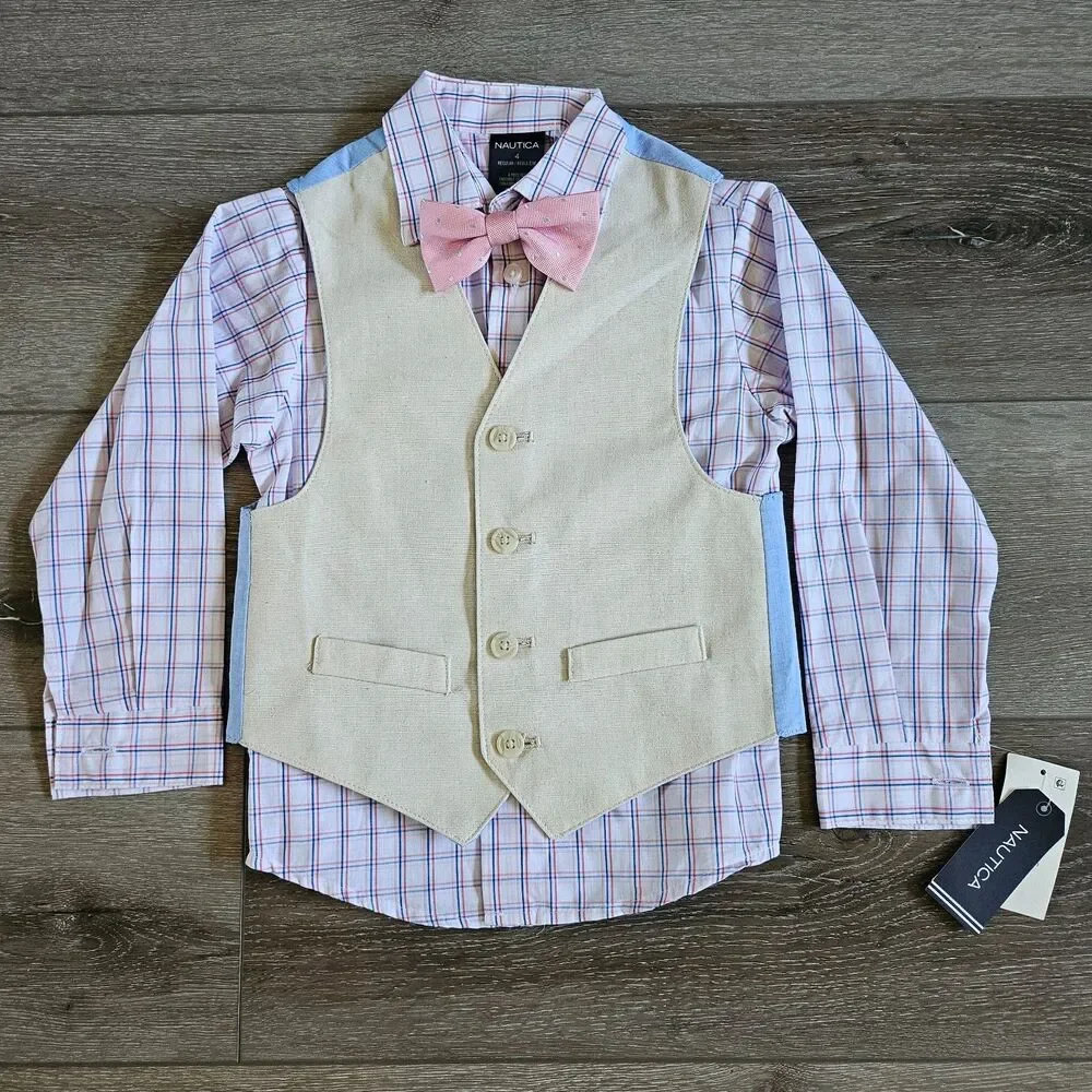Nautica Boys Kids Beige 4pc Khaki Suit Outfit Sz 4 NWT Shirt Pants Vest Bow tie